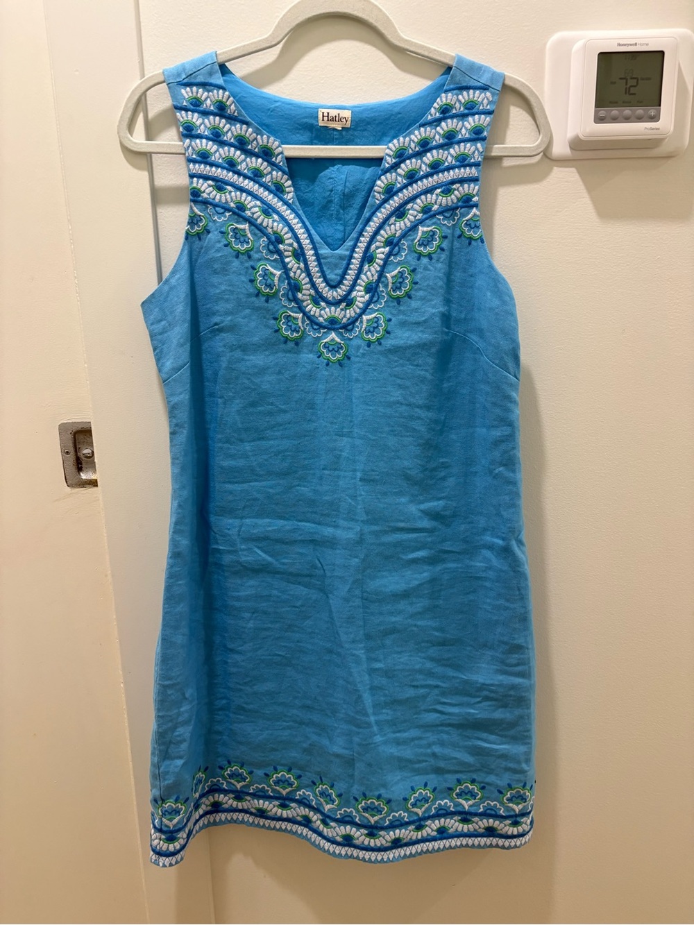 HATLEY | Turquoise Embroidered Sleeveless Cotton & Linen Dress